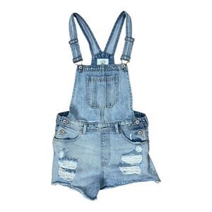 Forever 21 Blue Denim Jean Adjustable Raw Hem Overalls Shortalls Distressed